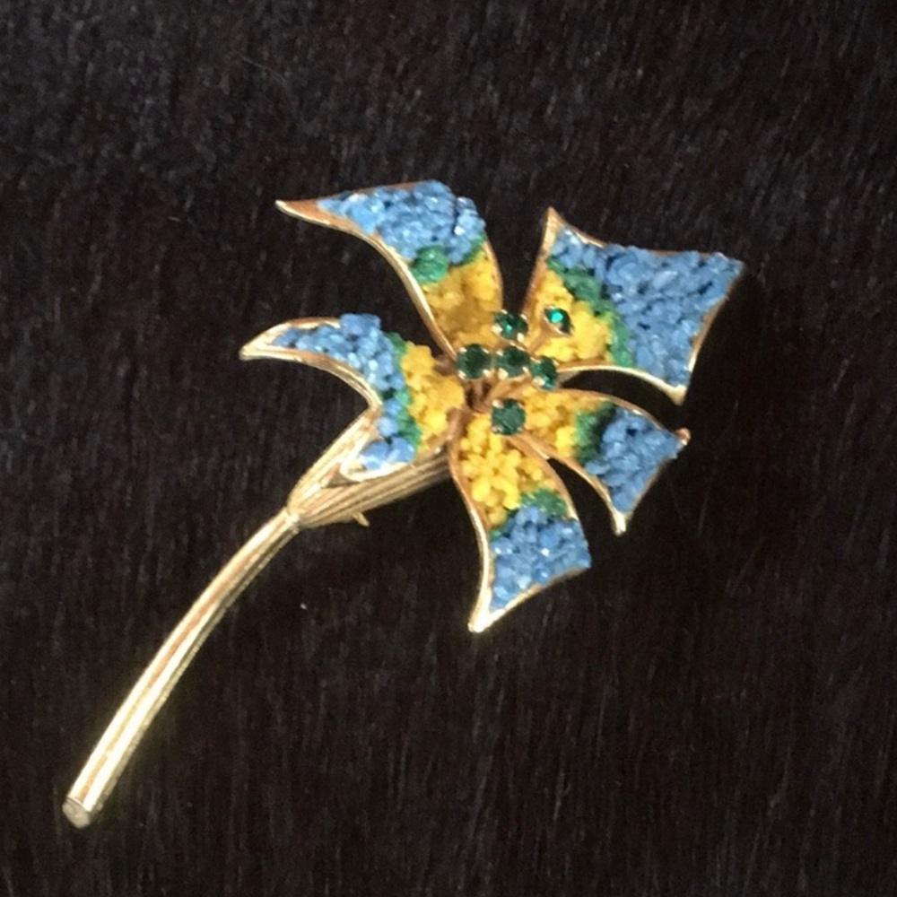 Vintage St. Labre mosaic, blue and yellow, lily flower brooch, gold stem